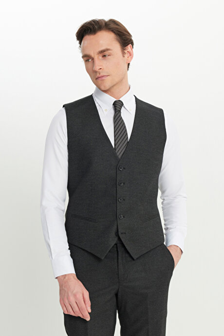 Slim Fit Dar Kesim Mono Yaka Balıksırtı Desenli Kapak Cepli Yelekli Siyah-Antrasit Yelekli Takım Elbise resmi