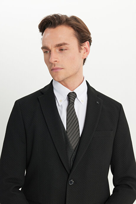 Slim Fit Dar Kesim Mono Yaka Balıksırtı Desenli Kapak Cepli Yelekli Siyah-Antrasit Yelekli Takım Elbise resmi