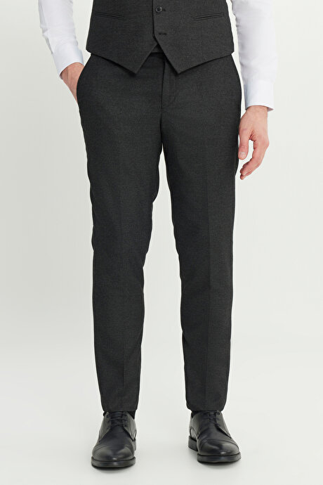 Slim Fit Dar Kesim Mono Yaka Balıksırtı Desenli Kapak Cepli Yelekli Siyah-Antrasit Yelekli Takım Elbise resmi