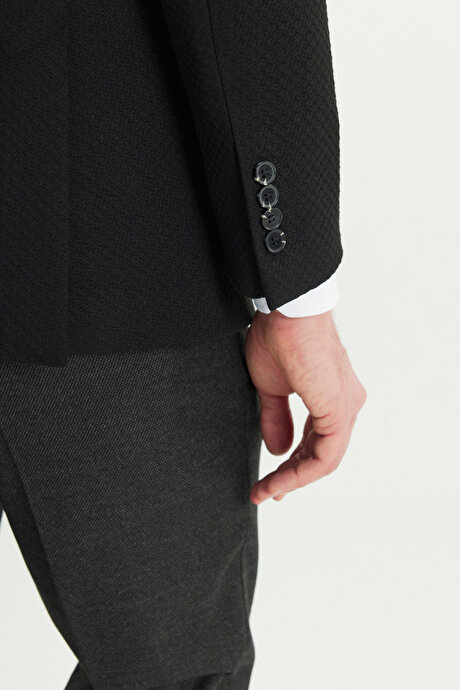 Slim Fit Dar Kesim Mono Yaka Balıksırtı Desenli Kapak Cepli Yelekli Siyah-Antrasit Yelekli Takım Elbise resmi