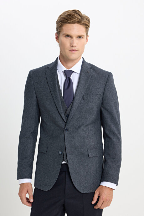 Slim Fit Dar Kesim Mono Yaka Kaz Ayağı Desenli Kapak Cepli Yelekli Antrasit Yelekli Takım Elbise resmi