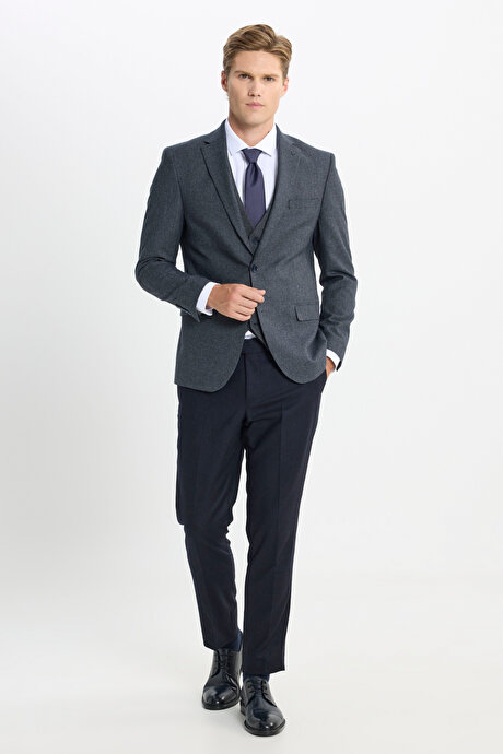 Slim Fit Dar Kesim Mono Yaka Kaz Ayağı Desenli Kapak Cepli Yelekli Antrasit Yelekli Takım Elbise resmi