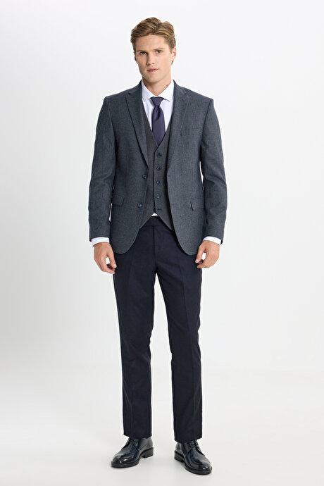 Slim Fit Dar Kesim Mono Yaka Kaz Ayağı Desenli Kapak Cepli Yelekli Antrasit Yelekli Takım Elbise resmi