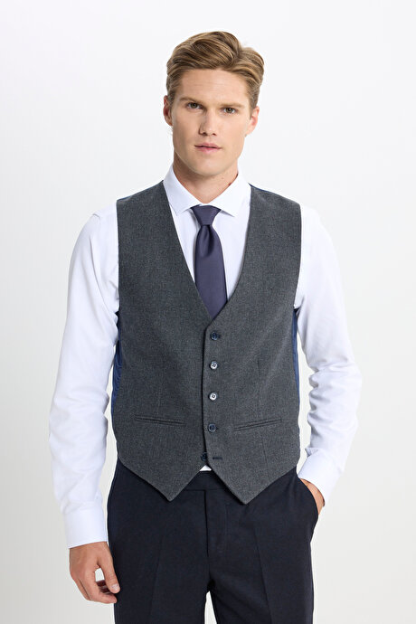 Slim Fit Dar Kesim Mono Yaka Kaz Ayağı Desenli Kapak Cepli Yelekli Antrasit Yelekli Takım Elbise resmi