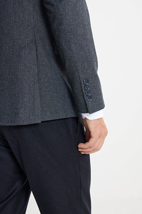 Slim Fit Dar Kesim Mono Yaka Kaz Ayağı Desenli Kapak Cepli Yelekli Antrasit Yelekli Takım Elbise resmi