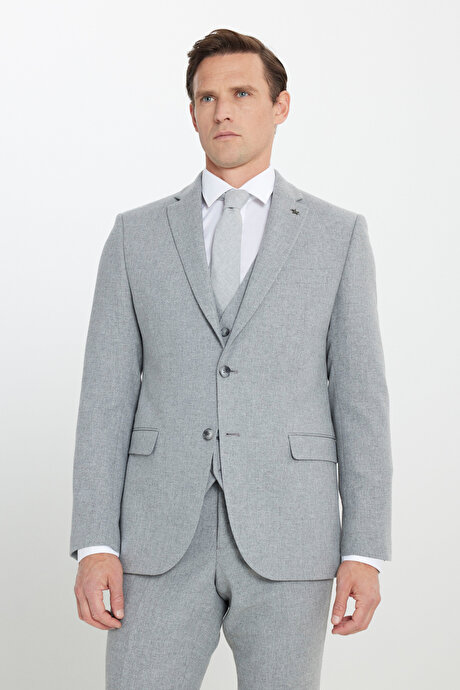 Yünlü Slim Fit Dar Kesim Mono Yaka Diagonal Desenli Kapak Cepli Yelekli Gri Yelekli Takım Elbise resmi