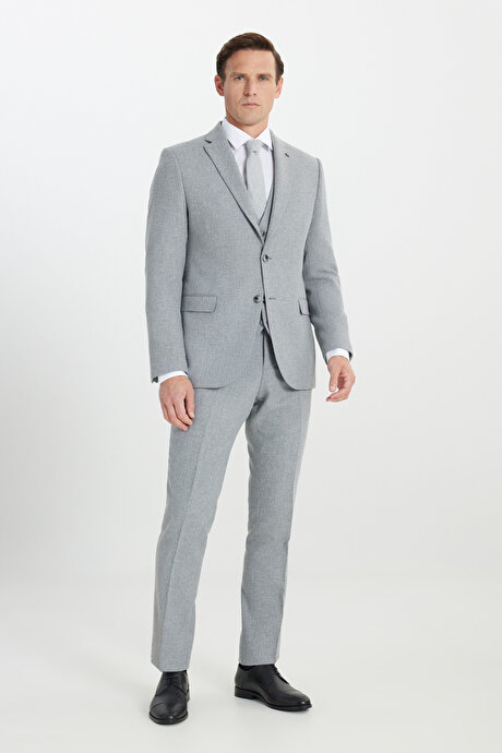 Yünlü Slim Fit Dar Kesim Mono Yaka Diagonal Desenli Kapak Cepli Yelekli Gri Yelekli Takım Elbise resmi