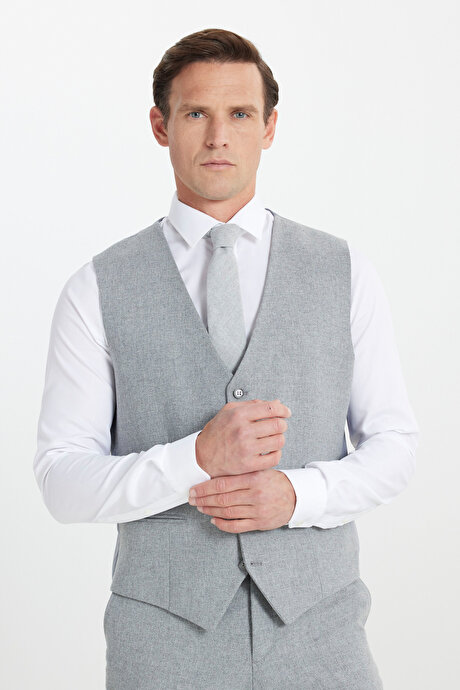 Yünlü Slim Fit Dar Kesim Mono Yaka Diagonal Desenli Kapak Cepli Yelekli Gri Yelekli Takım Elbise resmi