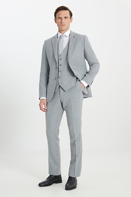 Yünlü Slim Fit Dar Kesim Mono Yaka Diagonal Desenli Kapak Cepli Yelekli Gri Yelekli Takım Elbise resmi