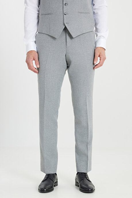 Yünlü Slim Fit Dar Kesim Mono Yaka Diagonal Desenli Kapak Cepli Yelekli Gri Yelekli Takım Elbise resmi