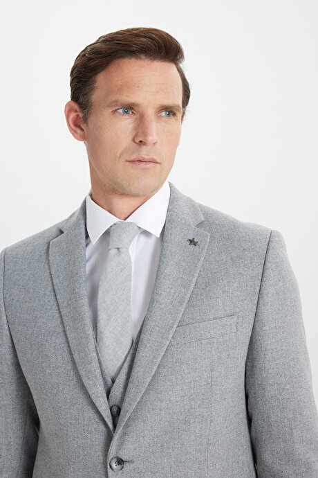 Yünlü Slim Fit Dar Kesim Mono Yaka Diagonal Desenli Kapak Cepli Yelekli Gri Yelekli Takım Elbise resmi