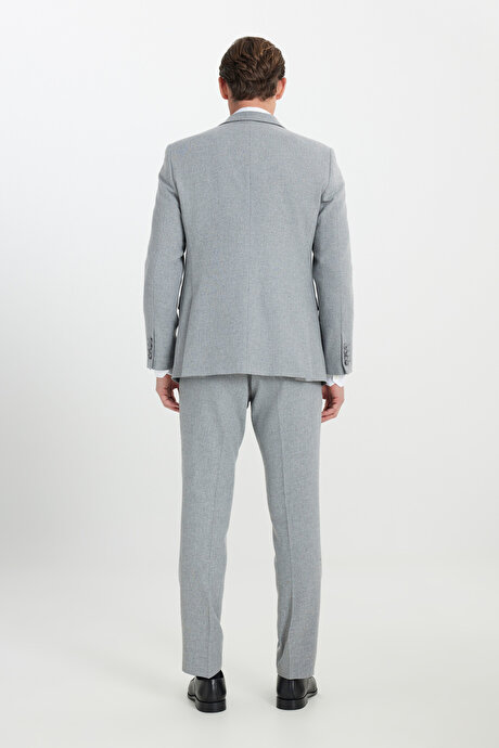 Yünlü Slim Fit Dar Kesim Mono Yaka Diagonal Desenli Kapak Cepli Yelekli Gri Yelekli Takım Elbise resmi