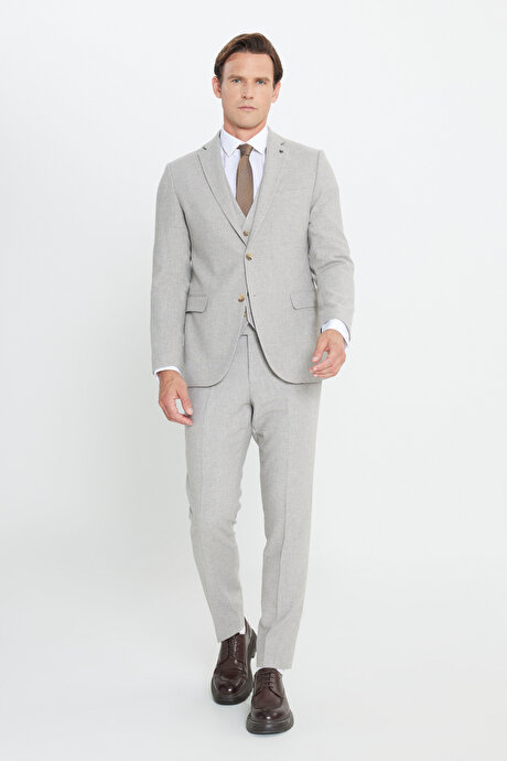 Yünlü Slim Fit Dar Kesim Mono Yaka Diagonal Desenli Kapak Cepli Yelekli Bej Yelekli Takım Elbise resmi