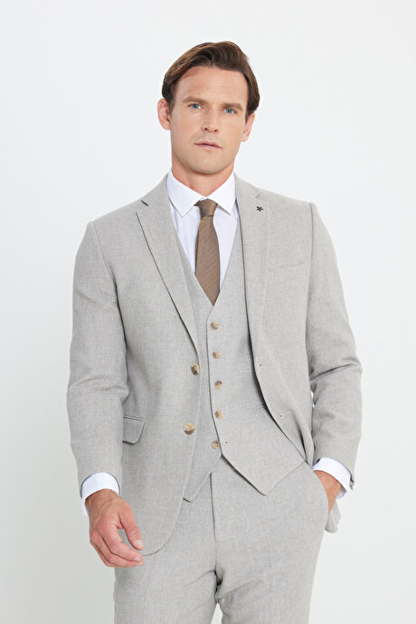 Yünlü Slim Fit Dar Kesim Mono Yaka Diagonal Desenli Kapak Cepli Yelekli Bej Yelekli Takım Elbise resmi