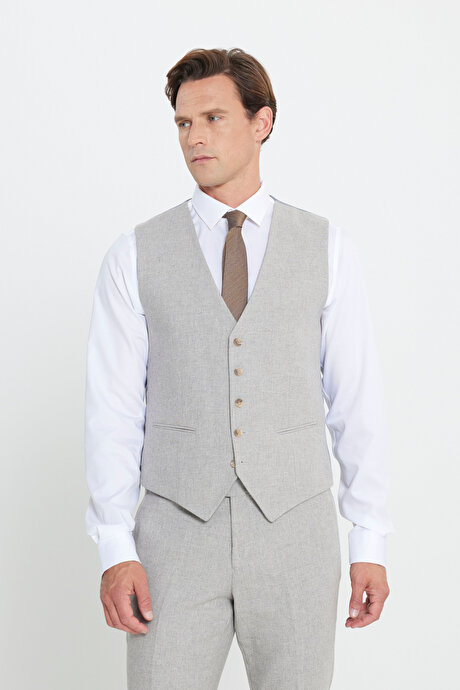 Yünlü Slim Fit Dar Kesim Mono Yaka Diagonal Desenli Kapak Cepli Yelekli Bej Yelekli Takım Elbise resmi