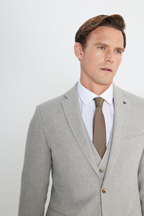 Yünlü Slim Fit Dar Kesim Mono Yaka Diagonal Desenli Kapak Cepli Yelekli Bej Yelekli Takım Elbise resmi