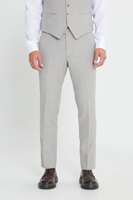 Yünlü Slim Fit Dar Kesim Mono Yaka Diagonal Desenli Kapak Cepli Yelekli Bej Yelekli Takım Elbise resmi