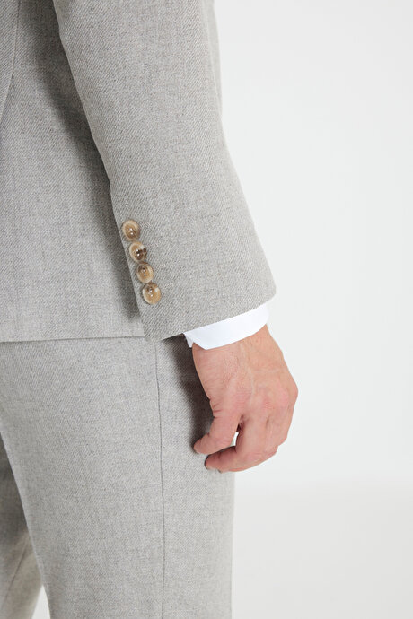 Yünlü Slim Fit Dar Kesim Mono Yaka Diagonal Desenli Kapak Cepli Yelekli Bej Yelekli Takım Elbise resmi