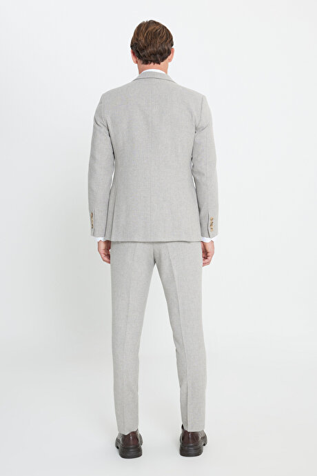 Yünlü Slim Fit Dar Kesim Mono Yaka Diagonal Desenli Kapak Cepli Yelekli Bej Yelekli Takım Elbise resmi