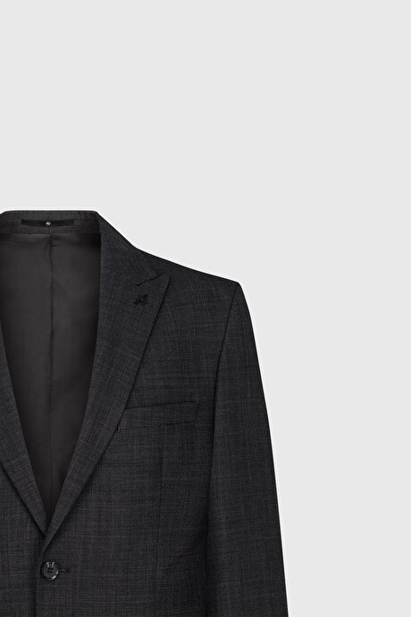 Slim Fit Dar Kesim Kırlangıç Yaka Desenli Çift Pantolonlu Siyah-Gri Takım Elbise resmi