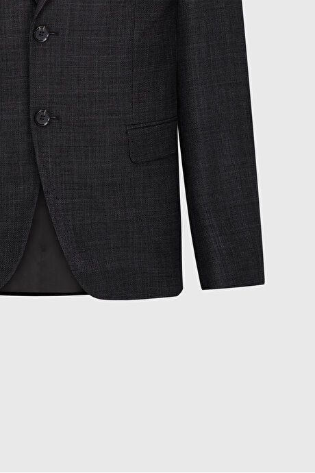 Slim Fit Dar Kesim Kırlangıç Yaka Desenli Çift Pantolonlu Siyah-Gri Takım Elbise resmi