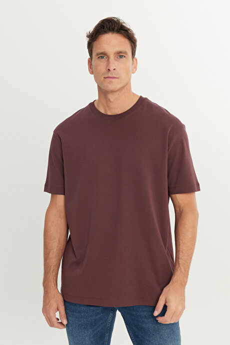 %100 Pamuk Modern Fit Normal Kesim Bisiklet Yaka Bordo Tişört resmi