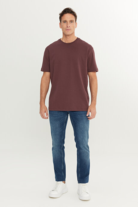 %100 Pamuk Modern Fit Normal Kesim Bisiklet Yaka Bordo Tişört resmi