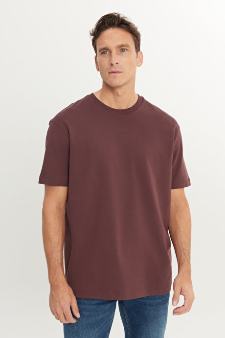 %100 Pamuk Modern Fit Normal Kesim Bisiklet Yaka Bordo Tişört resmi