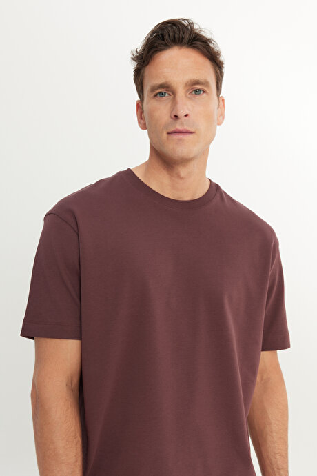 %100 Pamuk Modern Fit Normal Kesim Bisiklet Yaka Bordo Tişört resmi