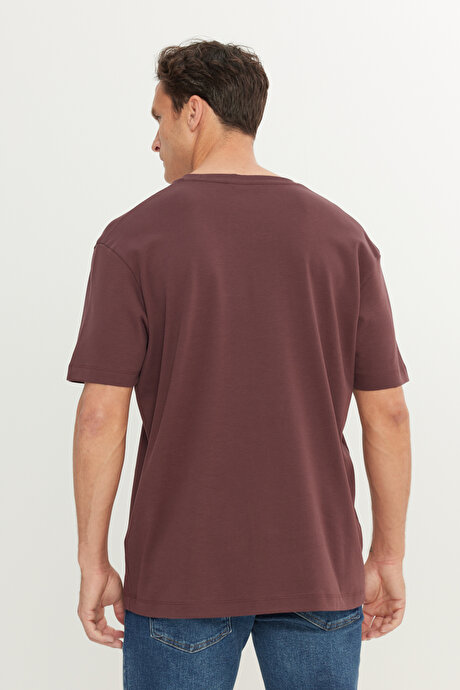 %100 Pamuk Modern Fit Normal Kesim Bisiklet Yaka Bordo Tişört resmi