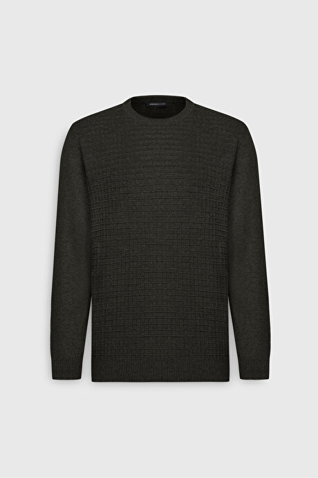 Pamuklu Standart Fit Normal Kesim Bisiklet Yaka Jakarlı Triko Haki Kazak resmi