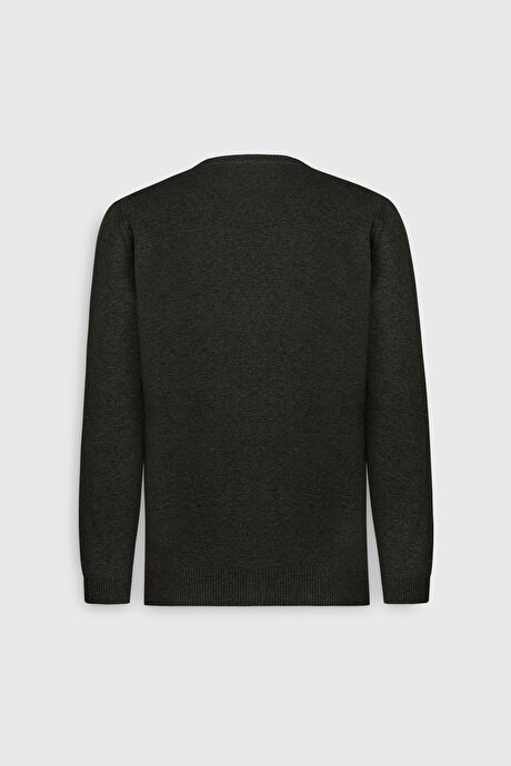 Pamuklu Standart Fit Normal Kesim Bisiklet Yaka Jakarlı Triko Haki Kazak resmi