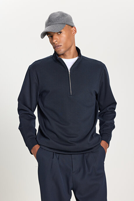 Sıcak Tutan Regular Fit Rahat Kesim Bato Dik Yaka Esnek Lacivert Sweatshirt resmi