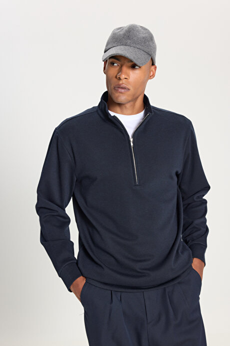 Sıcak Tutan Regular Fit Rahat Kesim Bato Dik Yaka Esnek Lacivert Sweatshirt resmi