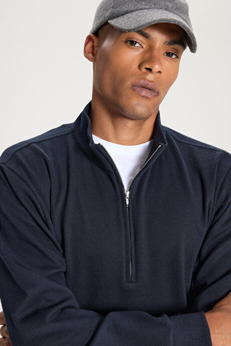 Sıcak Tutan Regular Fit Rahat Kesim Bato Dik Yaka Esnek Lacivert Sweatshirt resmi