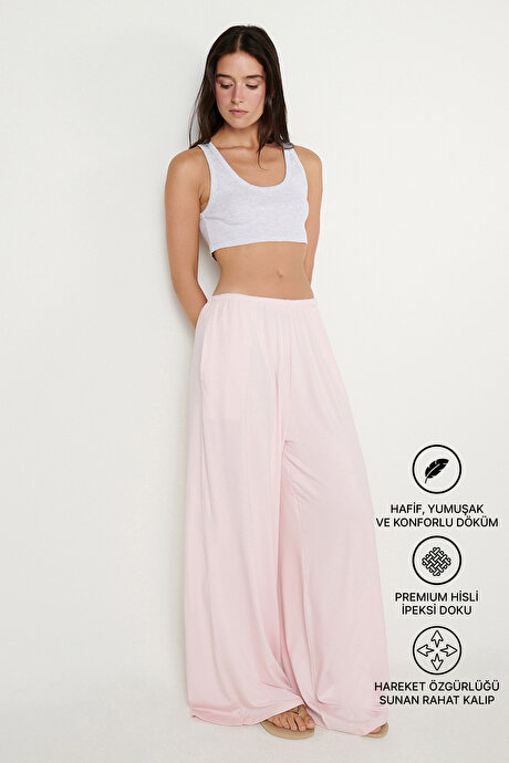 Yumuşak Dokulu Standart Fit Normal Kesim Cepli Beli Lastikli Rahat Örme Pembe Pantolon resmi