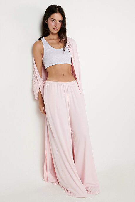 Yumuşak Dokulu Standart Fit Normal Kesim Cepli Beli Lastikli Rahat Örme Pembe Pantolon resmi