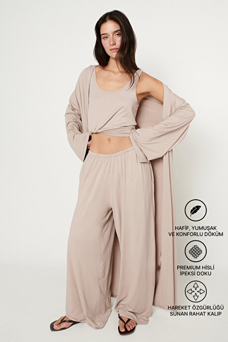 Yumuşak Dokulu Rahat Standart Fit Şal Yaka Esnek Bej Kimono resmi