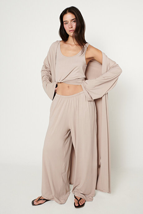 Yumuşak Dokulu Rahat Standart Fit Şal Yaka Esnek Bej Kimono resmi