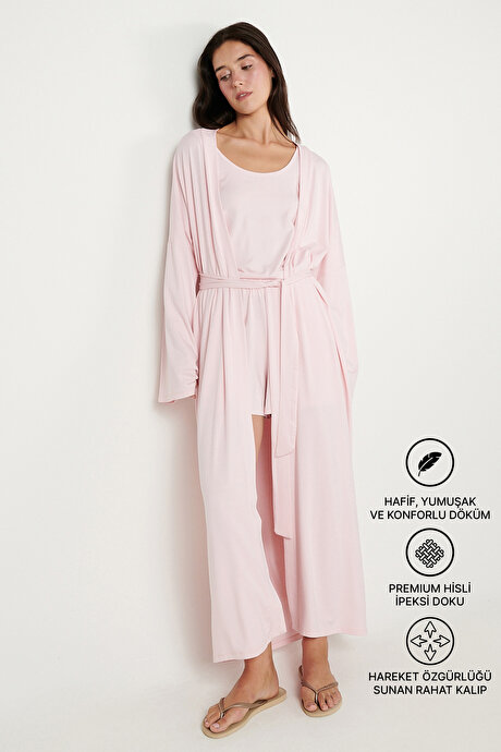 Yumuşak Dokulu Rahat Standart Fit Şal Yaka Esnek Pembe Kimono resmi