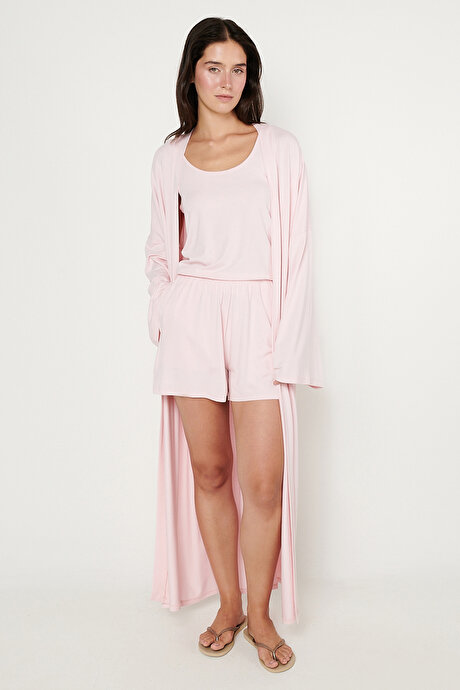 Yumuşak Dokulu Rahat Standart Fit Şal Yaka Esnek Pembe Kimono resmi