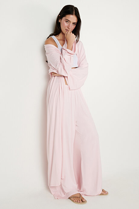 Yumuşak Dokulu Rahat Standart Fit Şal Yaka Esnek Pembe Kimono resmi