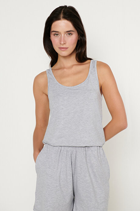 Yumuşak Dokulu Nefes Alabilen Rahat Slim Fit Bisiklet Yaka Esnek Örme Gri Melanj Atlet resmi