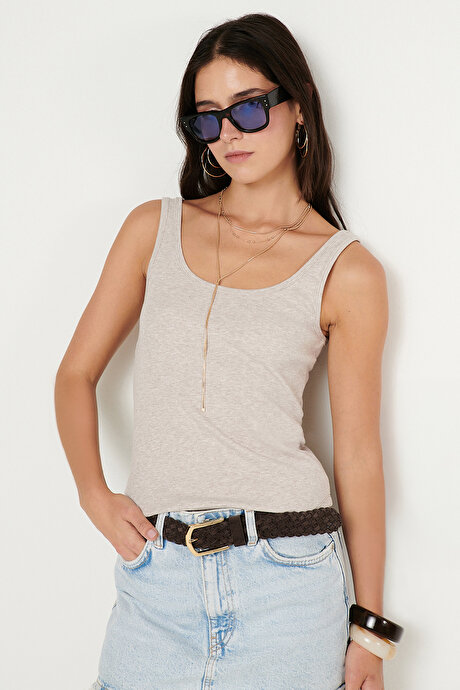 Pamuklu Kaşkorse Yumuşak Dokulu Slim Fit Dar Kesim Bisiklet Yaka Esnek Bej Melanj Body resmi