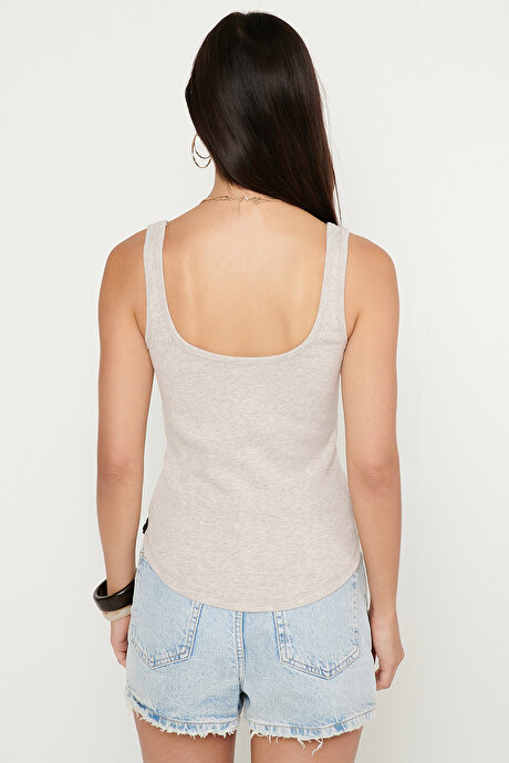 Pamuklu Kaşkorse Yumuşak Dokulu Slim Fit Dar Kesim Bisiklet Yaka Esnek Bej Melanj Body resmi