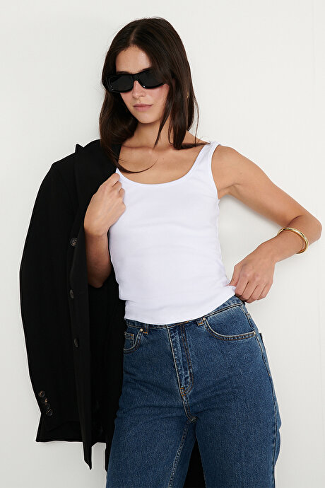 Pamuklu Kaşkorse Yumuşak Dokulu Slim Fit Dar Kesim Bisiklet Yaka Esnek Beyaz TOP & BODY resmi