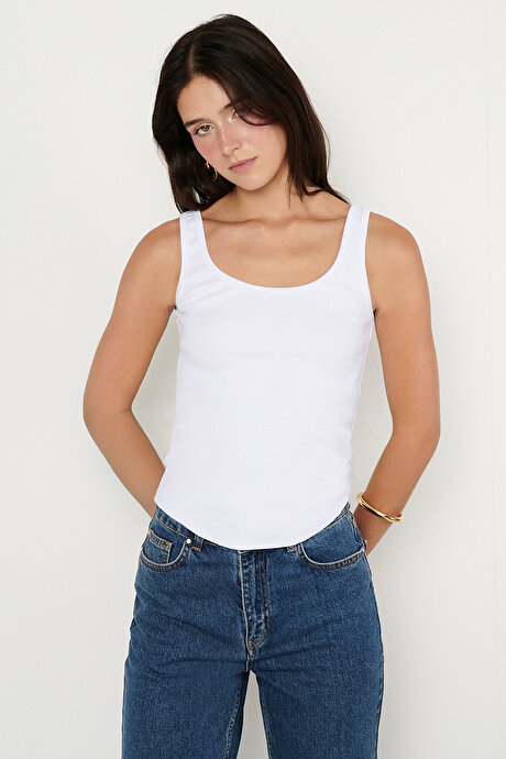 Pamuklu Kaşkorse Yumuşak Dokulu Slim Fit Dar Kesim Bisiklet Yaka Esnek Beyaz TOP & BODY resmi