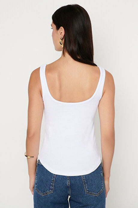 Pamuklu Kaşkorse Yumuşak Dokulu Slim Fit Dar Kesim Bisiklet Yaka Esnek Beyaz TOP & BODY resmi