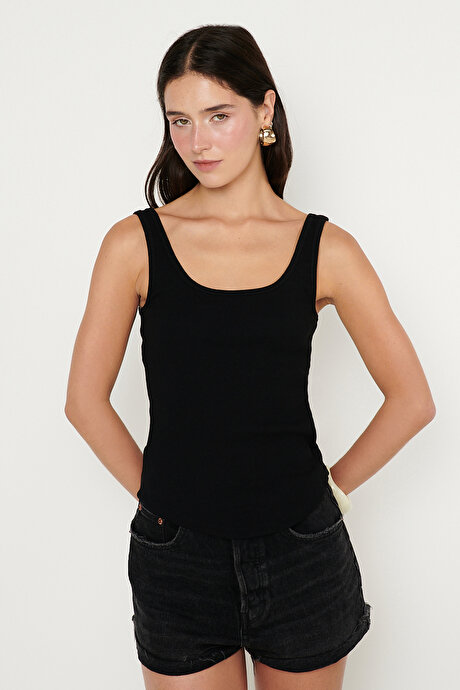Pamuklu Kaşkorse Yumuşak Dokulu Slim Fit Dar Kesim Bisiklet Yaka Esnek Siyah Body resmi