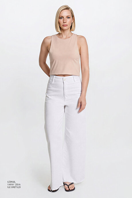 Standart Fit Normal Kesim Bisiklet Yaka Crop Bej Body resmi